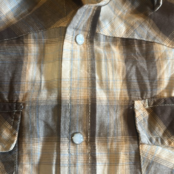 Real Work Wear Plaid Brown light brown blue Men's Shirt pearl snap buttons sz L - Picture 9 of 9